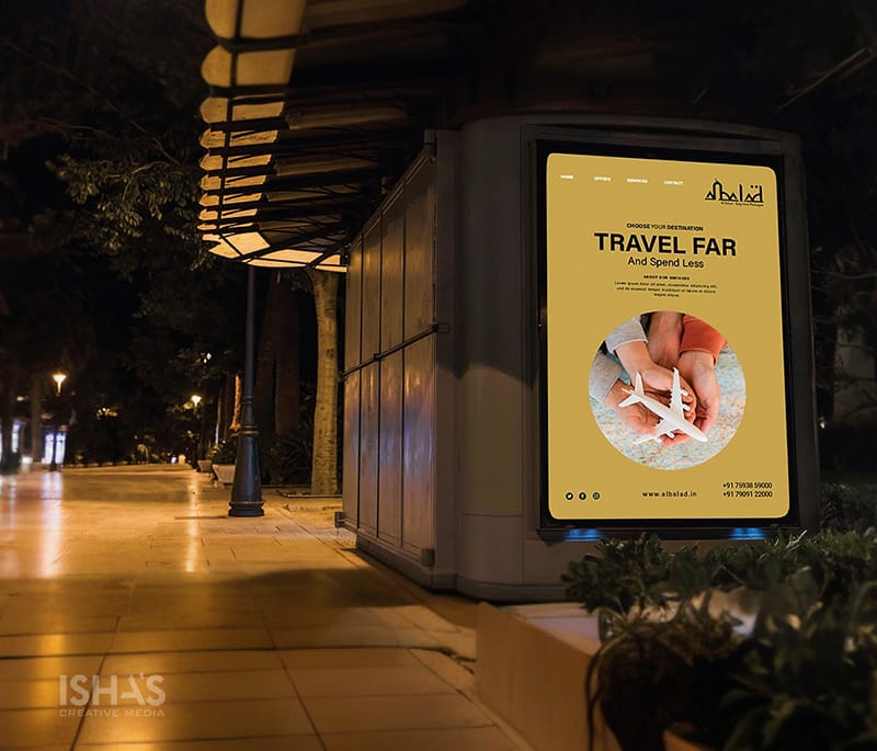 a image of showing a business brochure of al balad in a screen placed at a public place