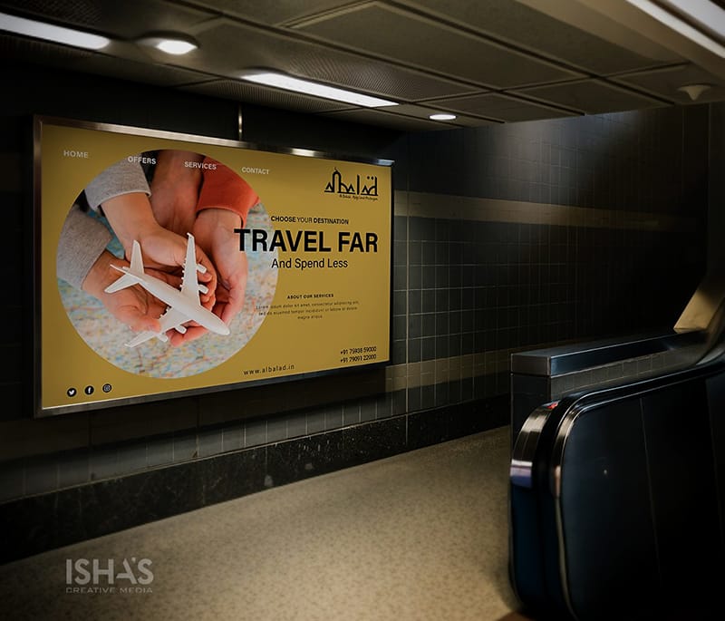 a image of showing a business brochure of al balad in a screen placed at a public place