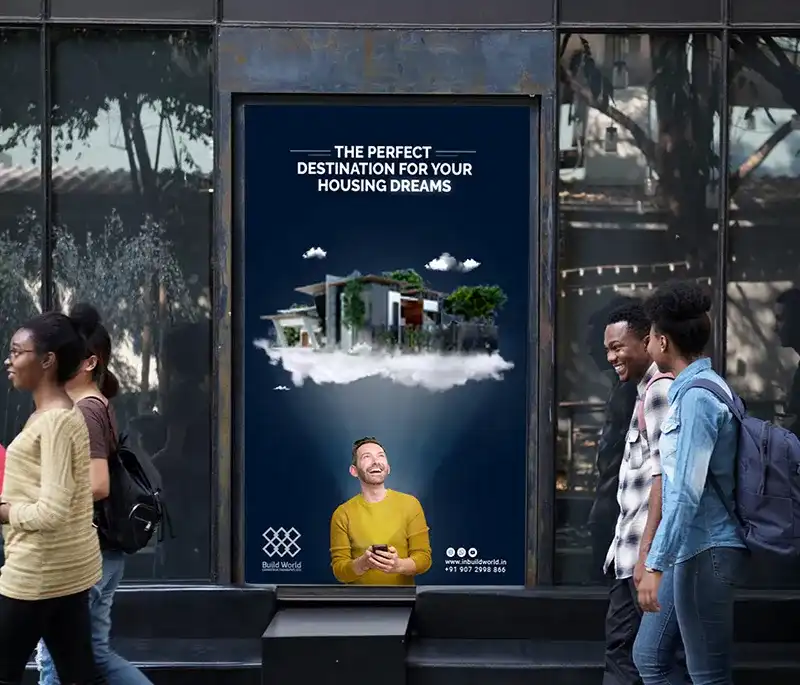 Showing a business brochure of BuildWorld on a screen to the public