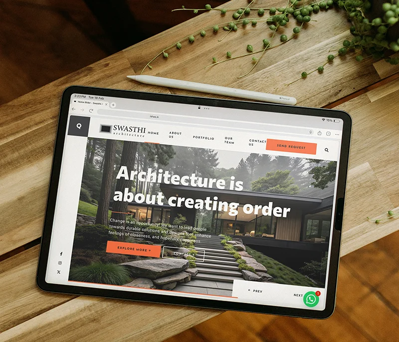 Showing the website of Swasthi Architecture on an iPad